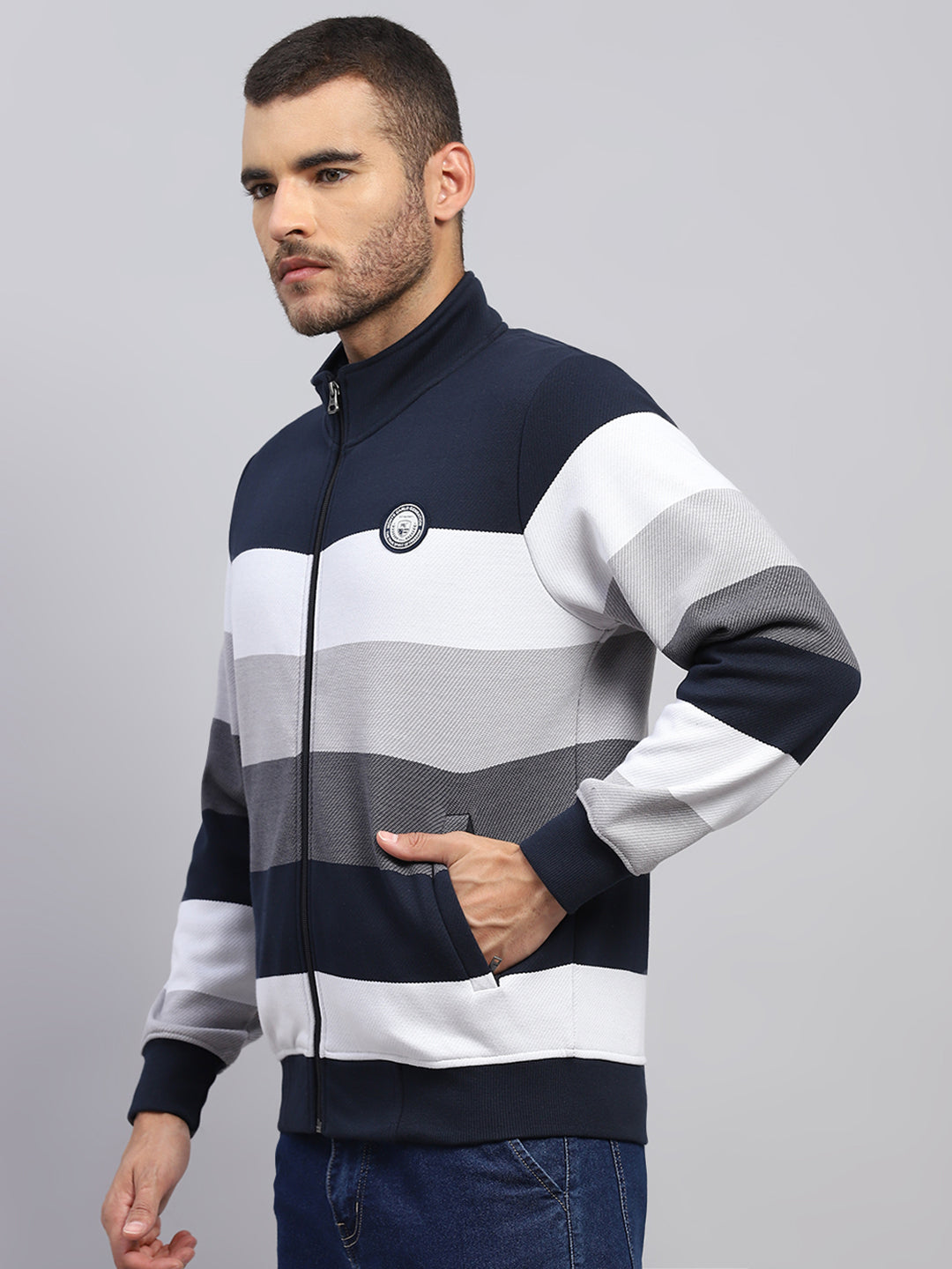Men Navy Blue Self Design Hooded Full Sleeve Sweatshirt