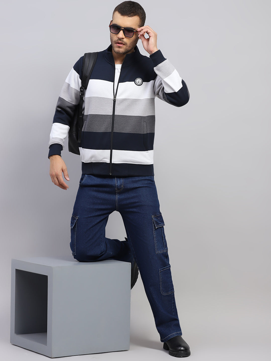 Men Navy Blue Self Design Hooded Full Sleeve Sweatshirt