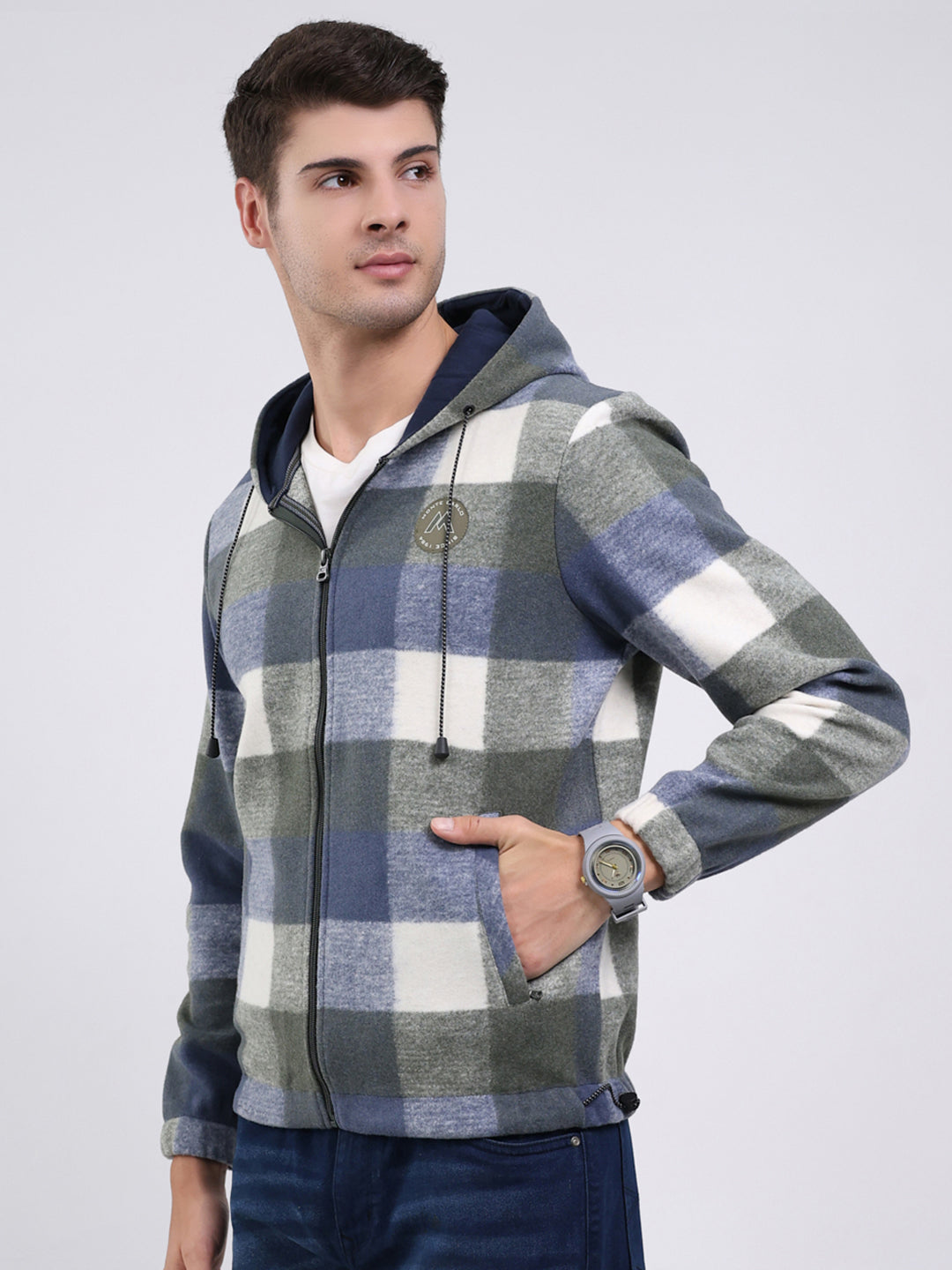 Men Green Self Design Hooded Full Sleeve Sweatshirt