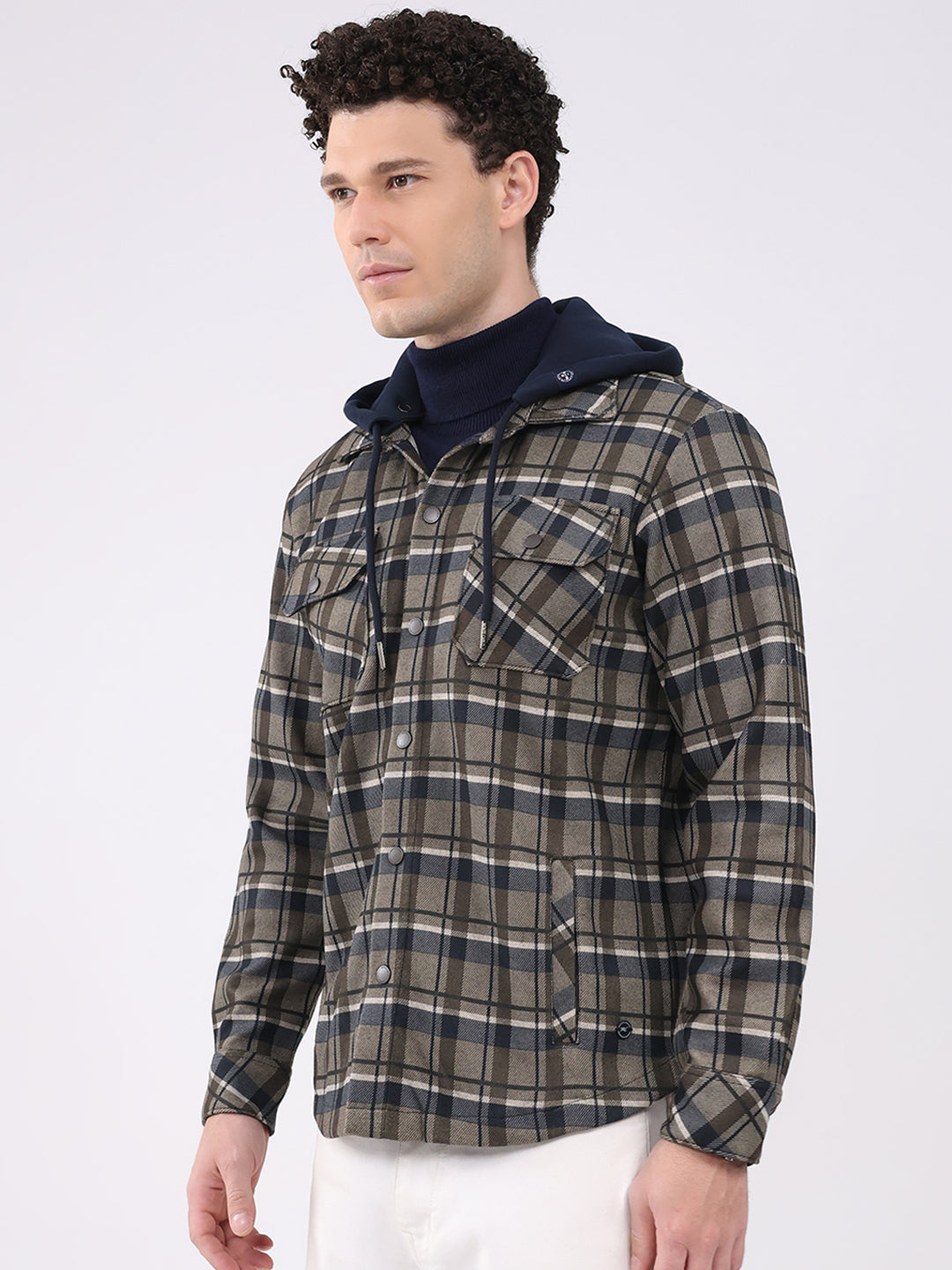 Men Olive Self Design Hooded Full Sleeve Sweatshirt