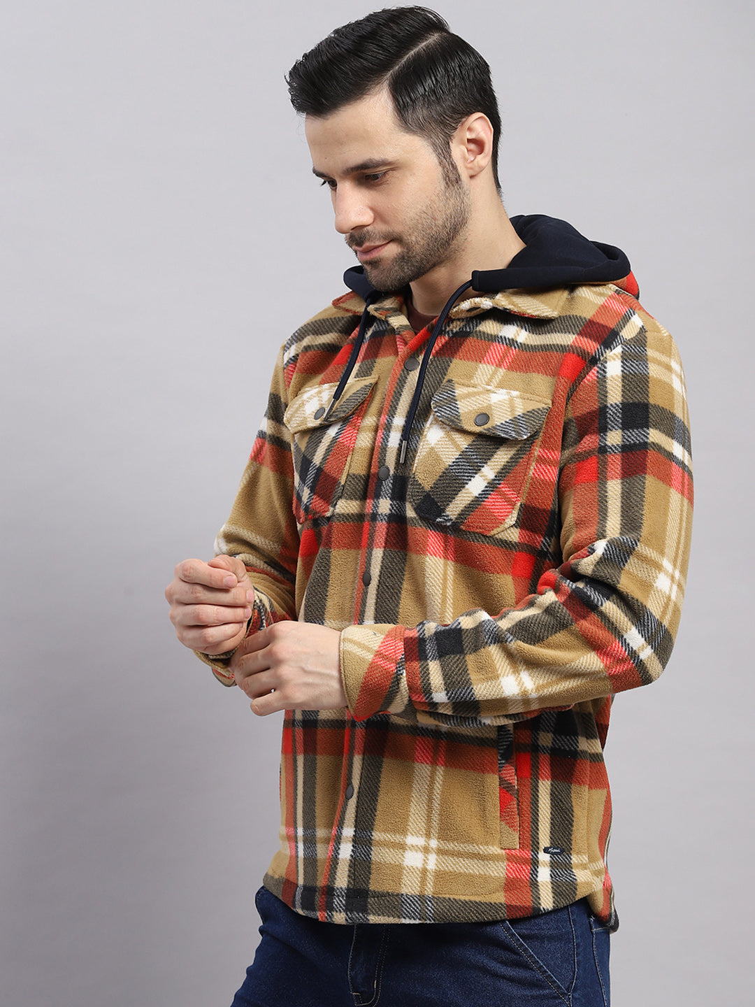 Men Khaki Self Design Hooded Extra-Warm Full Sleeve Shacket