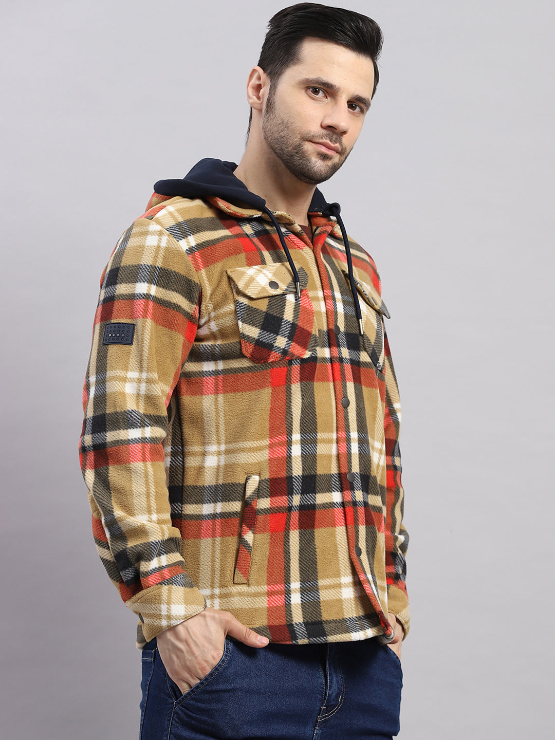 Men Khaki Self Design Hooded Extra-Warm Full Sleeve Shacket