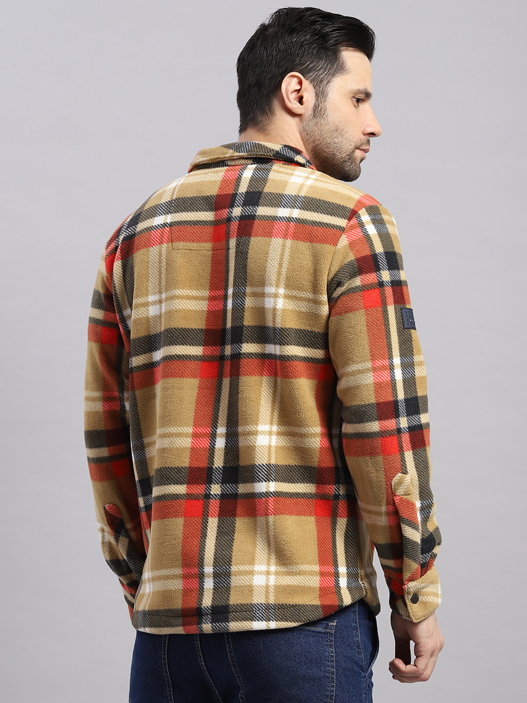 Men Khaki Self Design Hooded Extra-Warm Full Sleeve Shacket