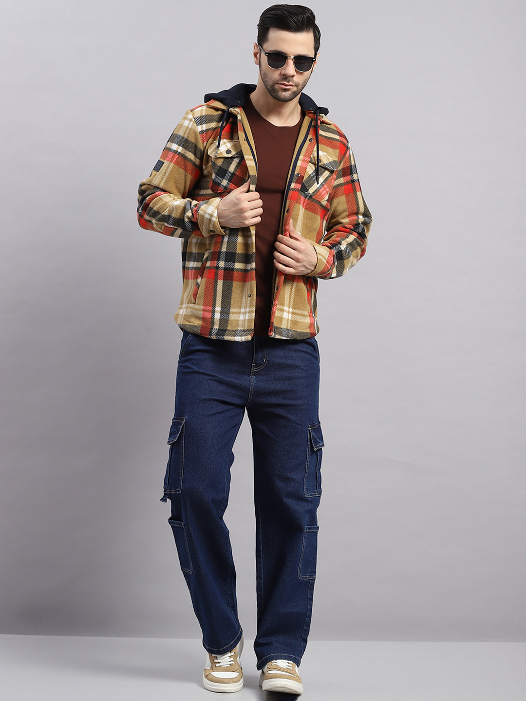 Men Khaki Self Design Hooded Extra-Warm Full Sleeve Shacket