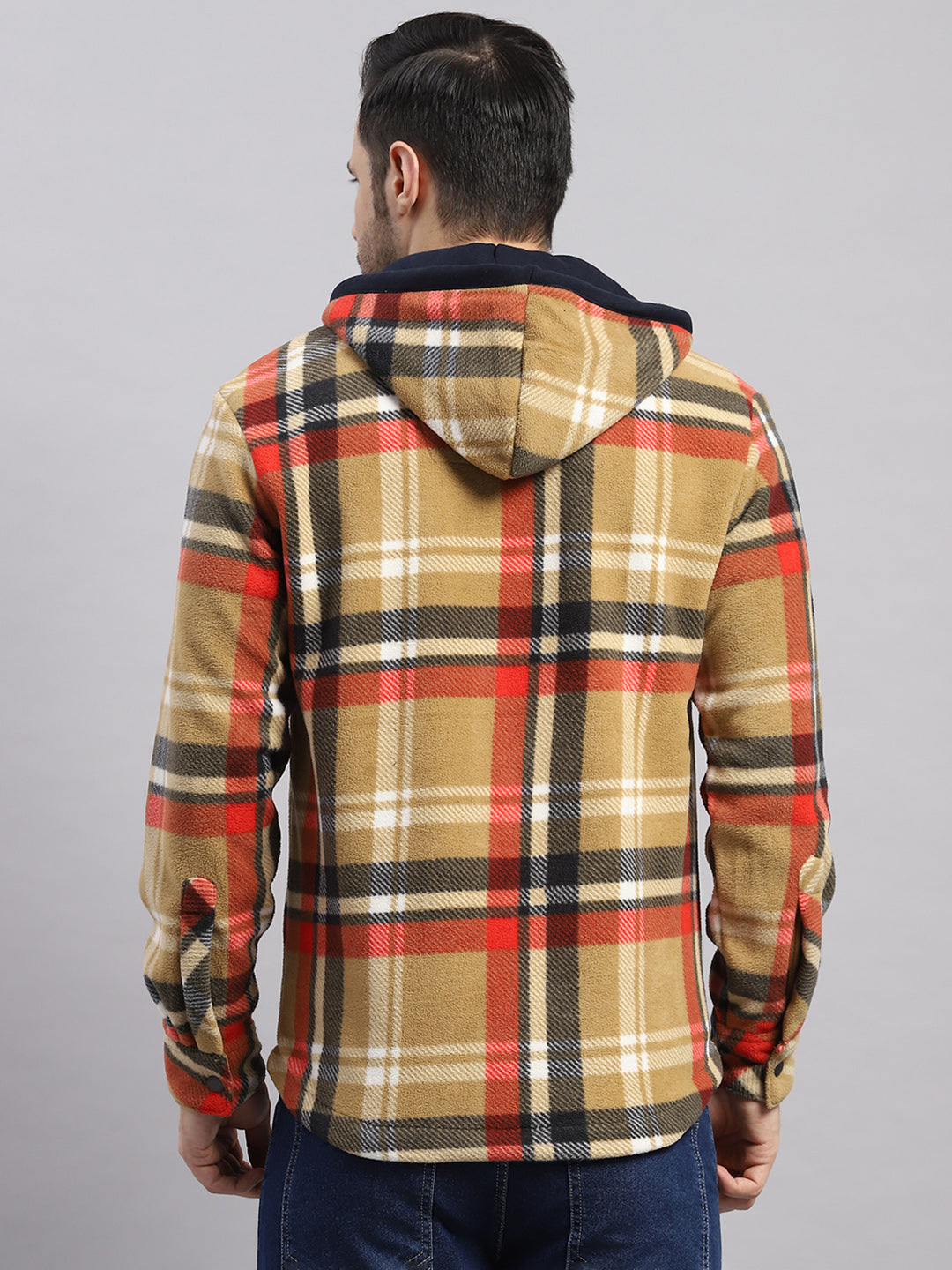 Men Khaki Self Design Hooded Extra-Warm Full Sleeve Shacket