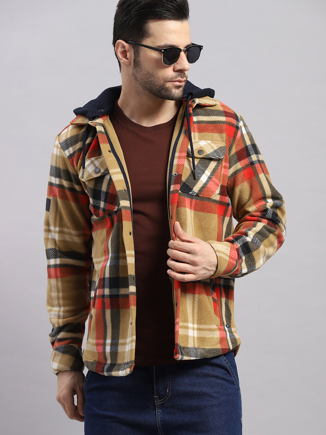 Men Khaki Self Design Hooded Extra-Warm Full Sleeve Shacket