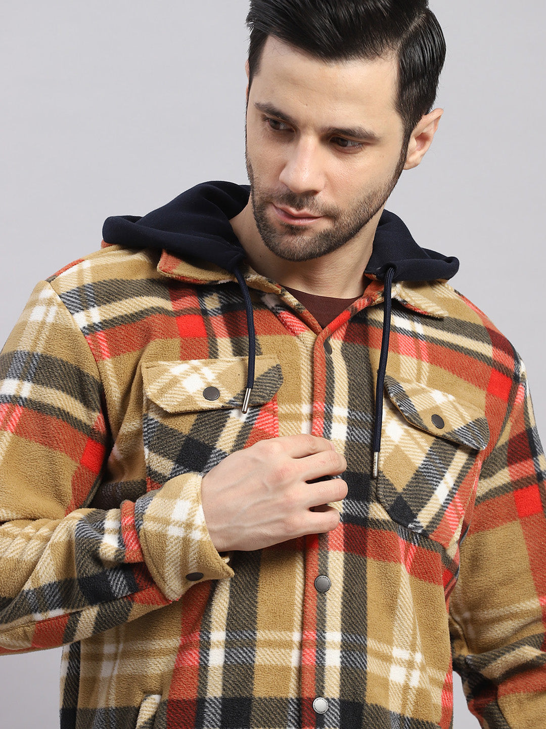 Men Khaki Self Design Hooded Extra-Warm Full Sleeve Shacket