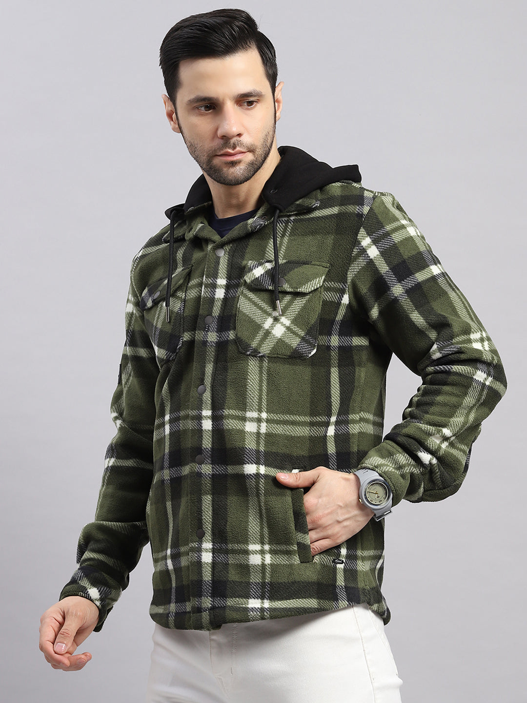 Men Green Self Design Hooded Extra-Warm Full Sleeve Shacket