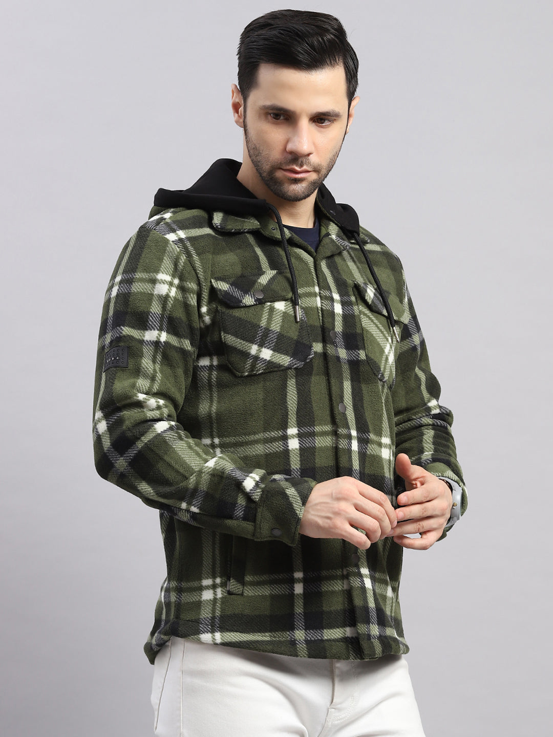 Men Green Self Design Hooded Extra-Warm Full Sleeve Shacket