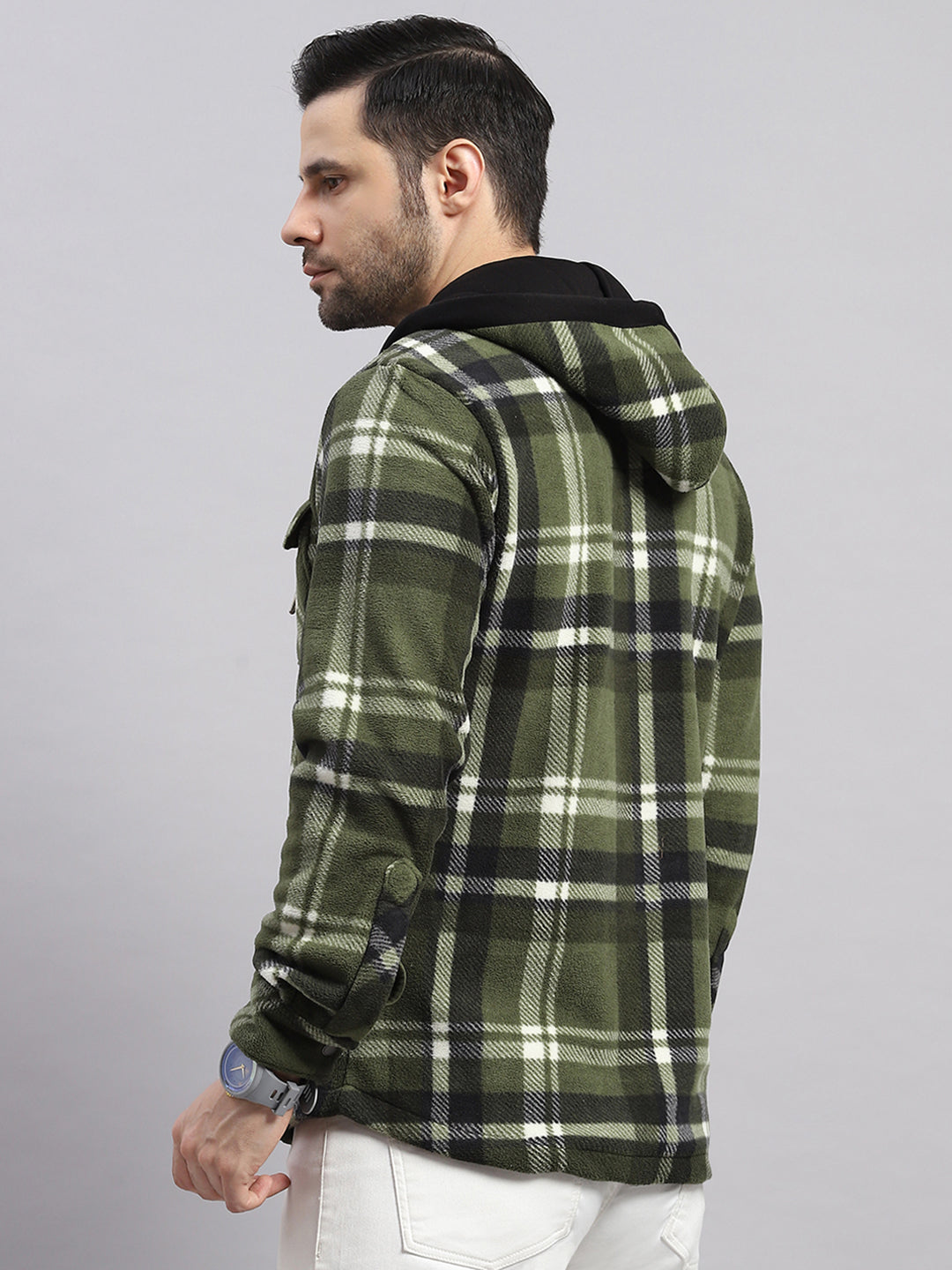 Men Green Self Design Hooded Extra-Warm Full Sleeve Shacket