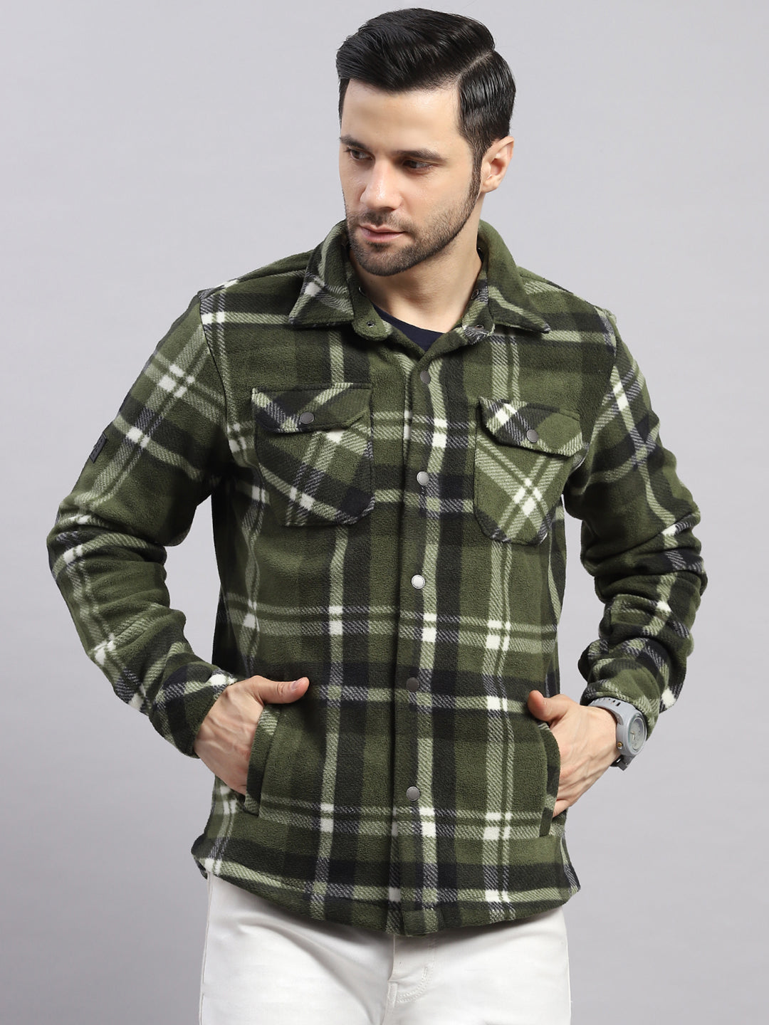 Men Green Self Design Hooded Extra-Warm Full Sleeve Shacket