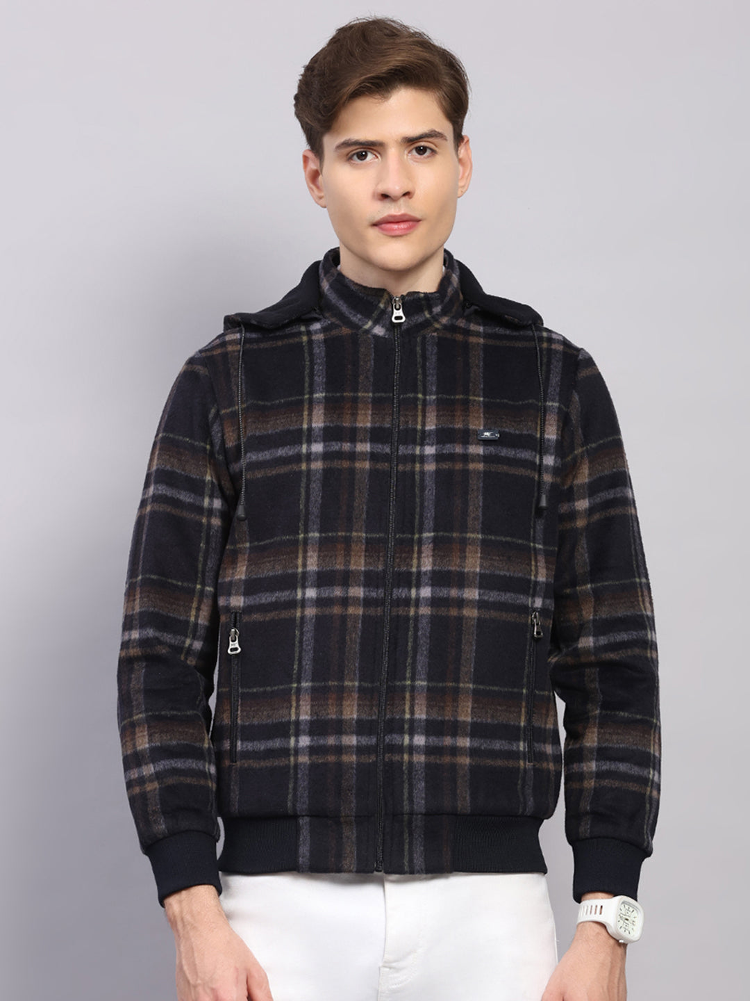 Men Blue Solid Hooded Full Sleeve Jacket