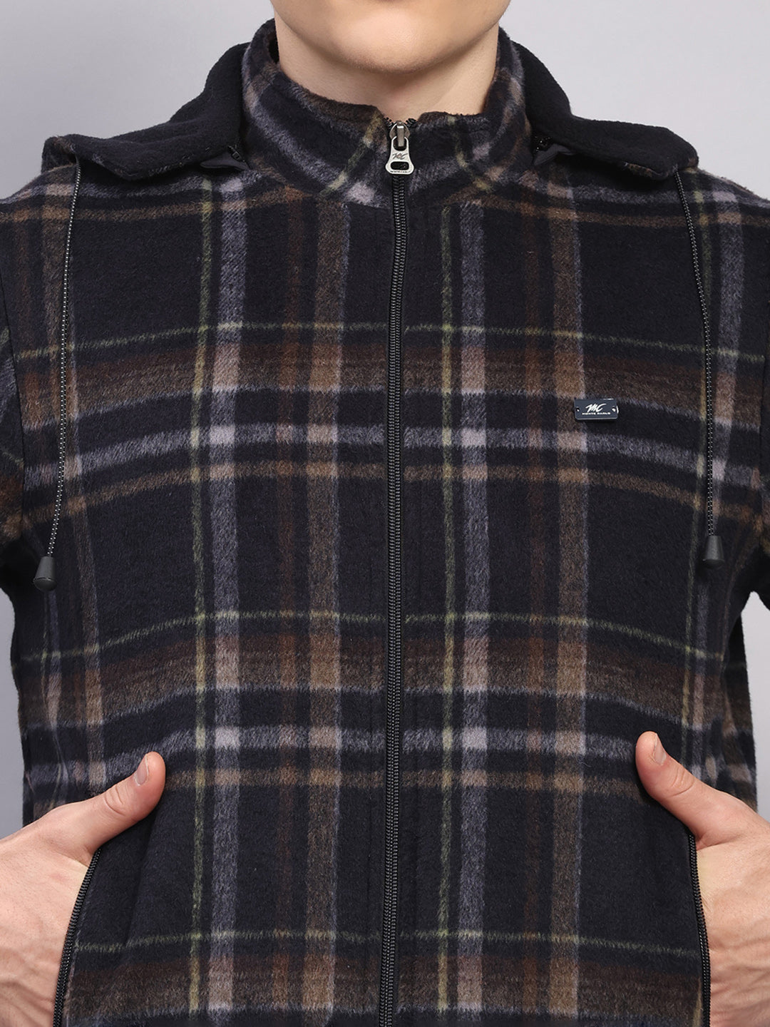 Men Blue Solid Hooded Full Sleeve Jacket