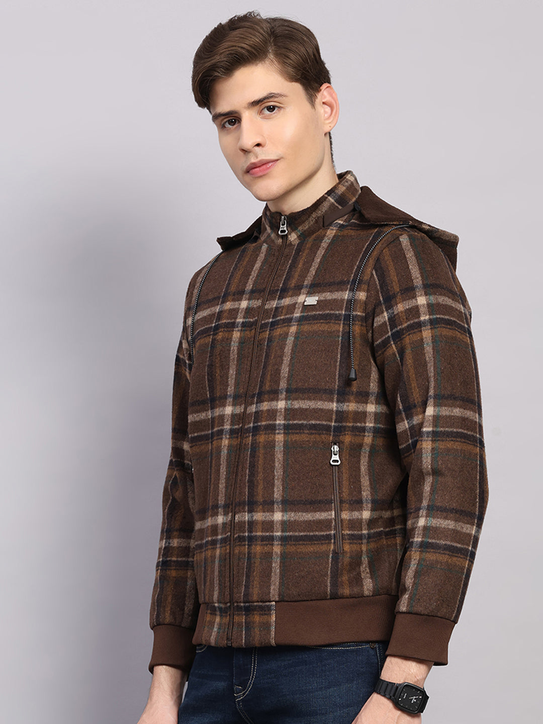 Men Brown Solid Hooded Full Sleeve Jacket