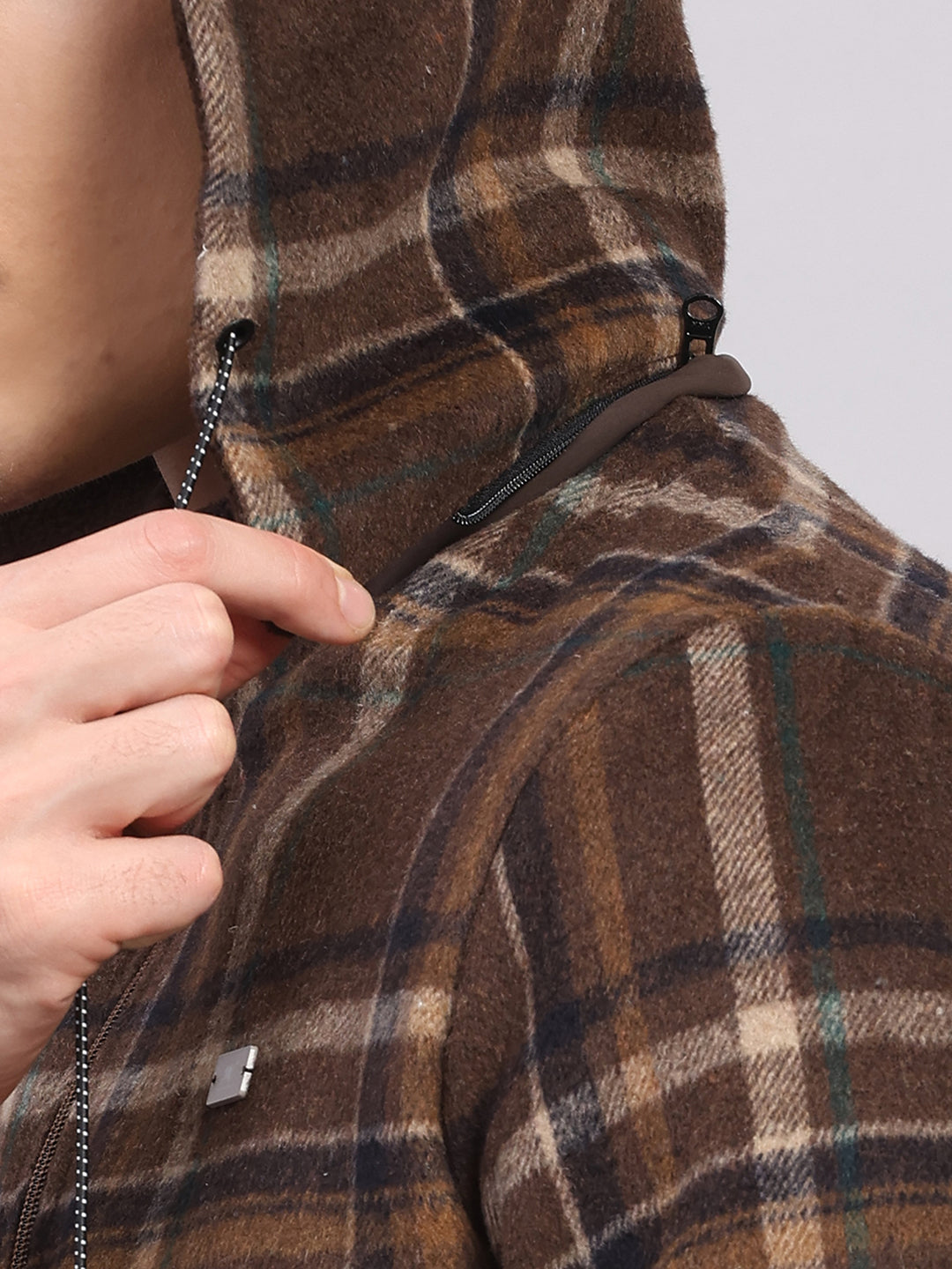 Men Brown Solid Hooded Full Sleeve Jacket