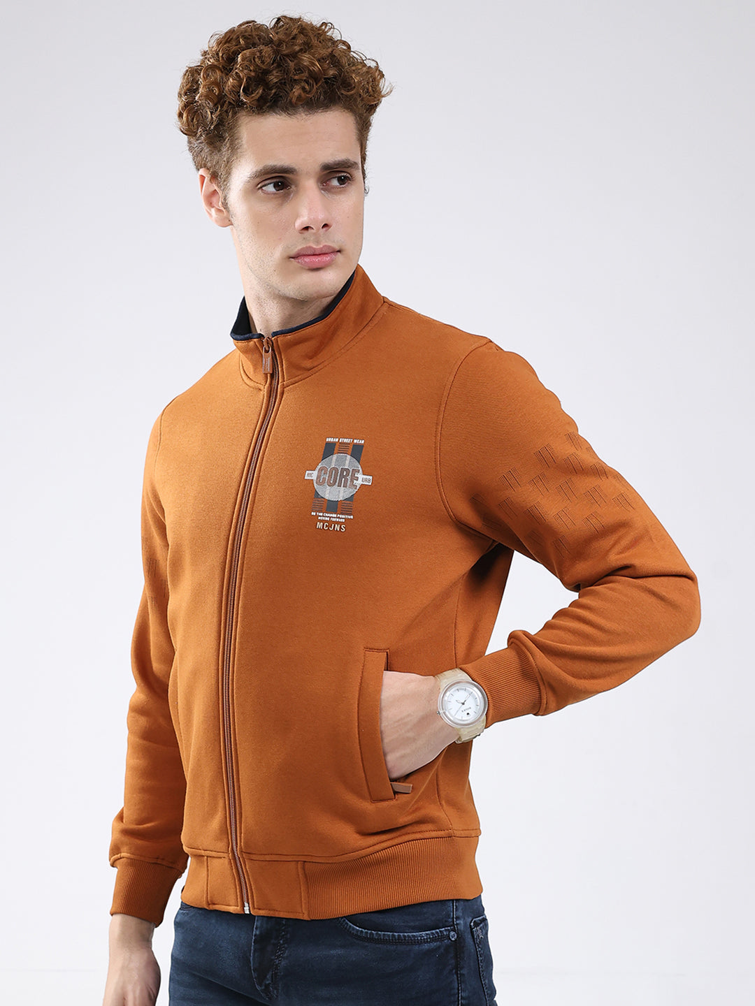 Men Rust Printed Mock Neck Full Sleeve Sweatshirt