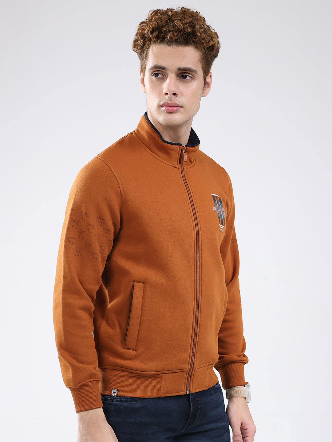 Men Rust Printed Mock Neck Full Sleeve Sweatshirt