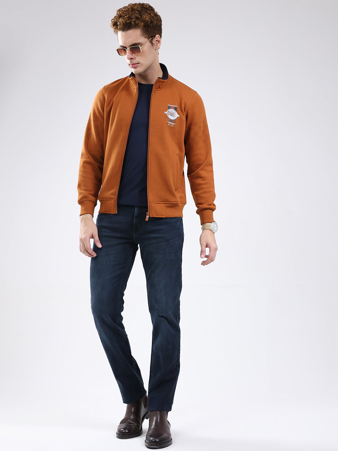 Men Rust Printed Mock Neck Full Sleeve Sweatshirt