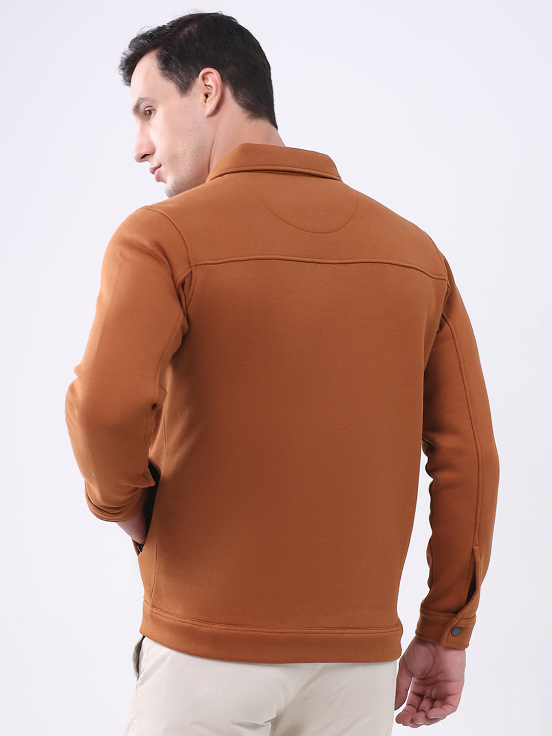Men Rust Solid Collar Full Sleeve Sweatshirt