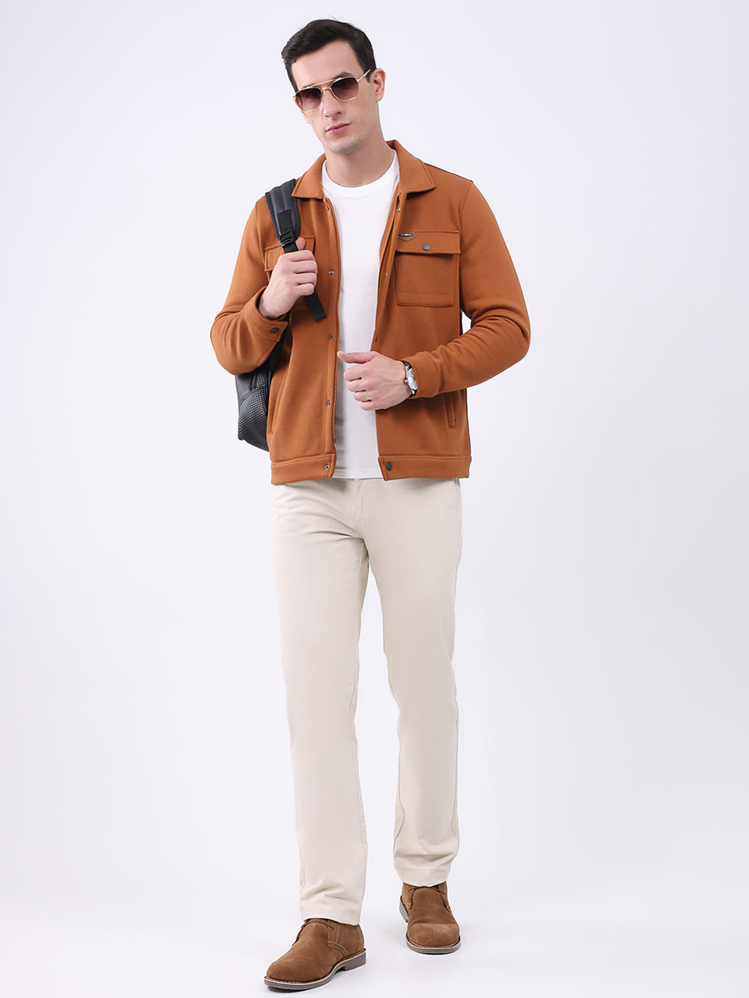 Men Rust Solid Collar Full Sleeve Sweatshirt