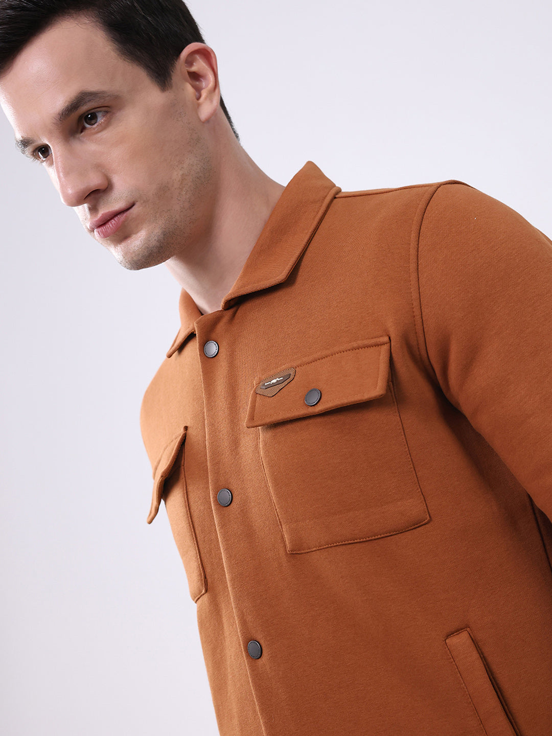 Men Rust Solid Collar Full Sleeve Sweatshirt