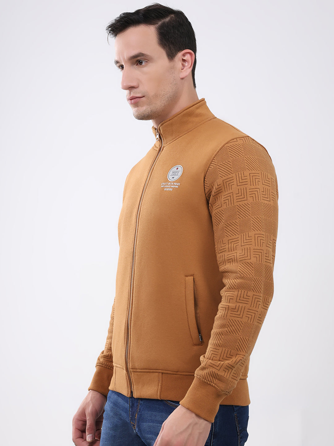 Men Brown Solid Mock Neck Full Sleeve Sweatshirt