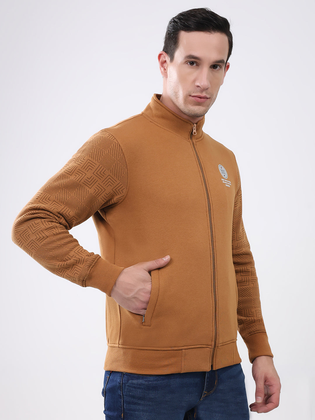 Men Brown Solid Mock Neck Full Sleeve Sweatshirt