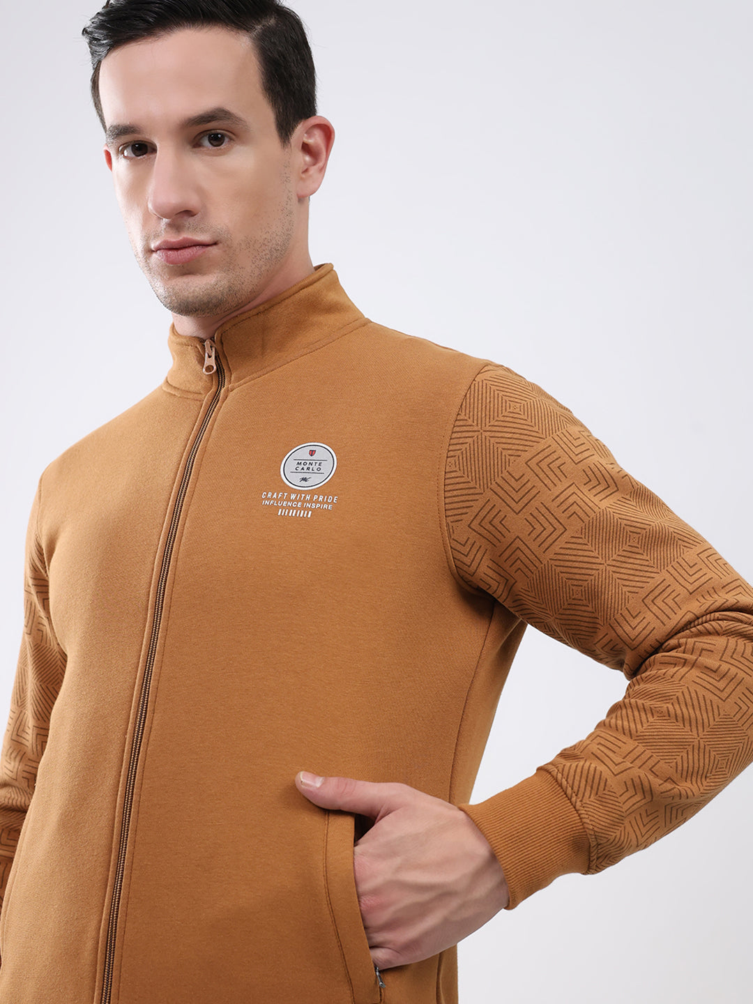 Men Brown Solid Mock Neck Full Sleeve Sweatshirt