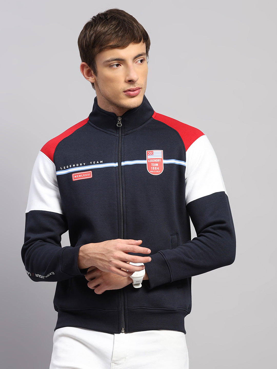 Men Blue Printed Collar Full Sleeve Sweatshirt