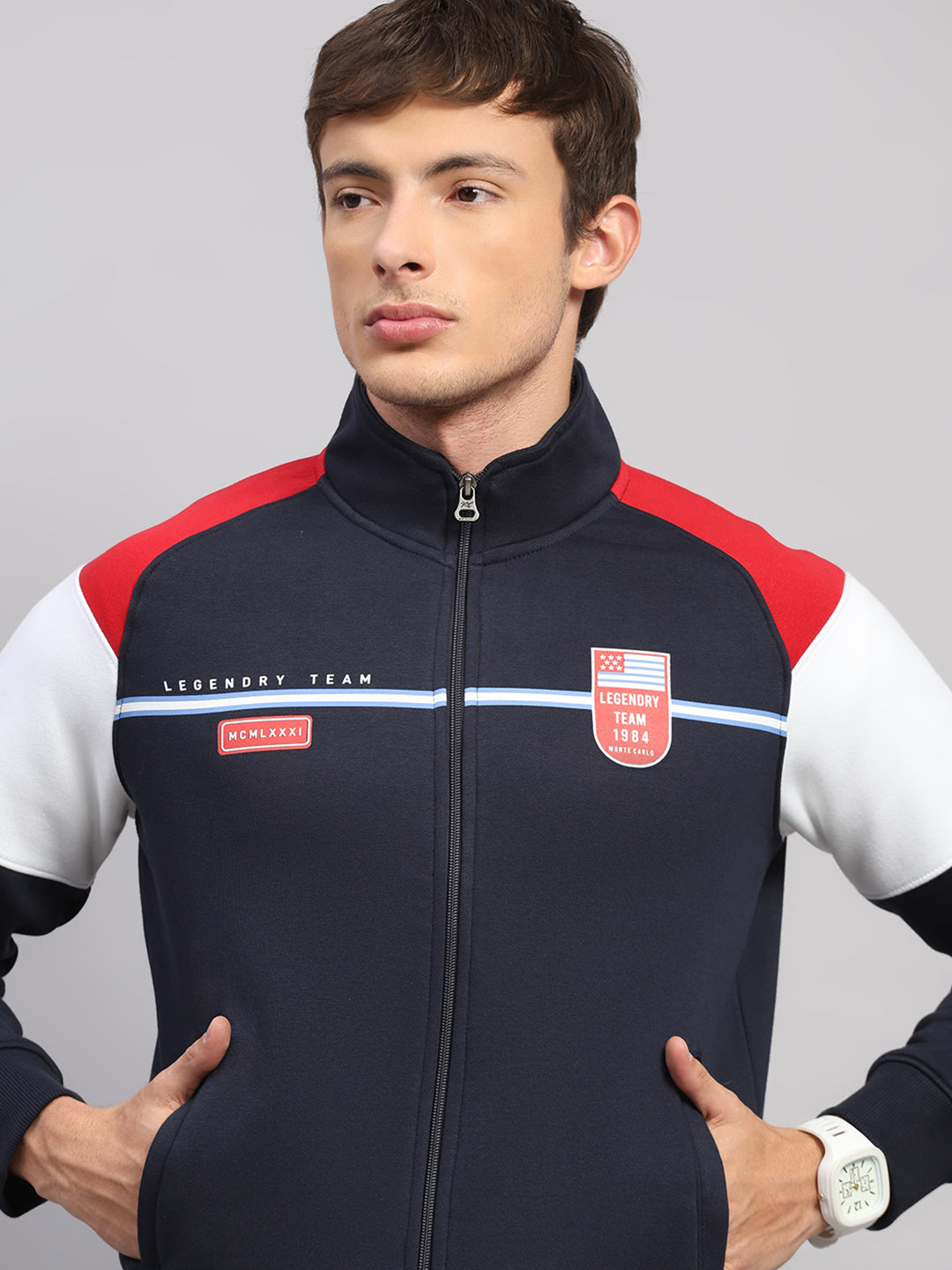 Men Blue Printed Collar Full Sleeve Sweatshirt