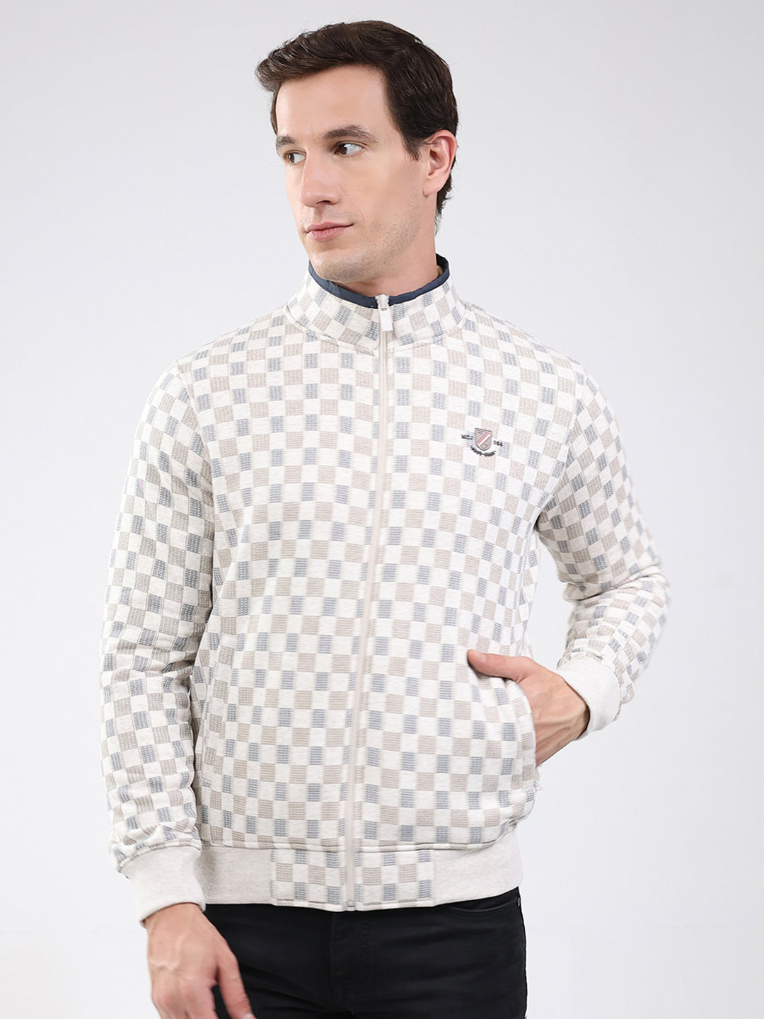 Men Beige Solid Band Neck Full Sleeve Sweatshirt