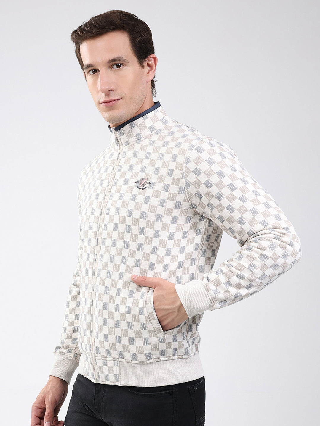 Men Beige Solid Band Neck Full Sleeve Sweatshirt