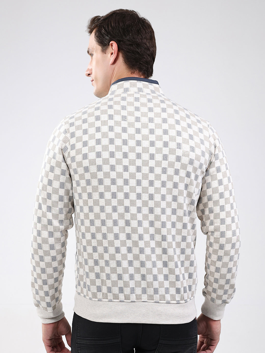 Men Beige Solid Band Neck Full Sleeve Sweatshirt