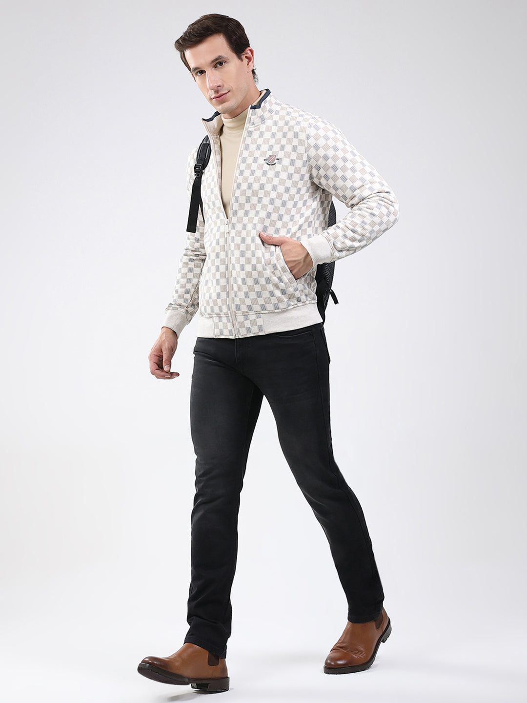 Men Beige Solid Band Neck Full Sleeve Sweatshirt