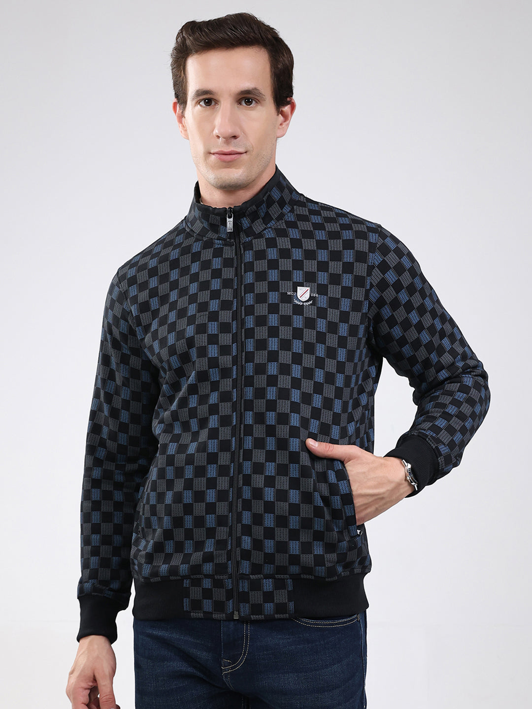 Men Black Solid Band Neck Full Sleeve Sweatshirt