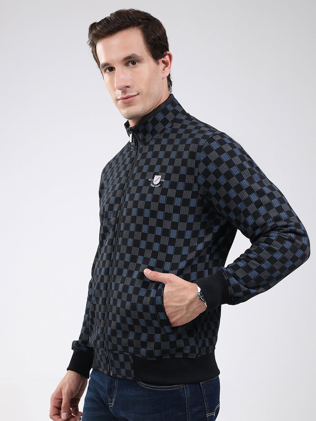 Men Black Solid Band Neck Full Sleeve Sweatshirt