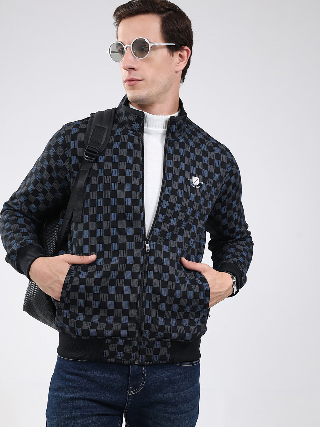 Men Black Solid Band Neck Full Sleeve Sweatshirt