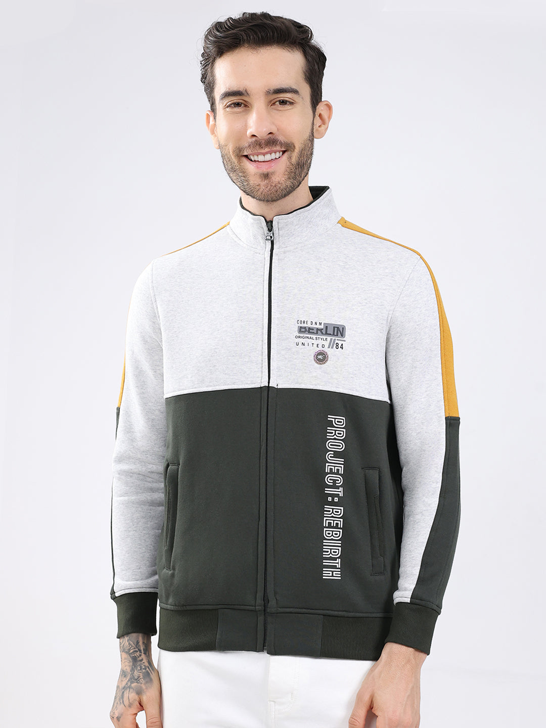 Men Olive Printed Mock Neck Full Sleeve Sweatshirt