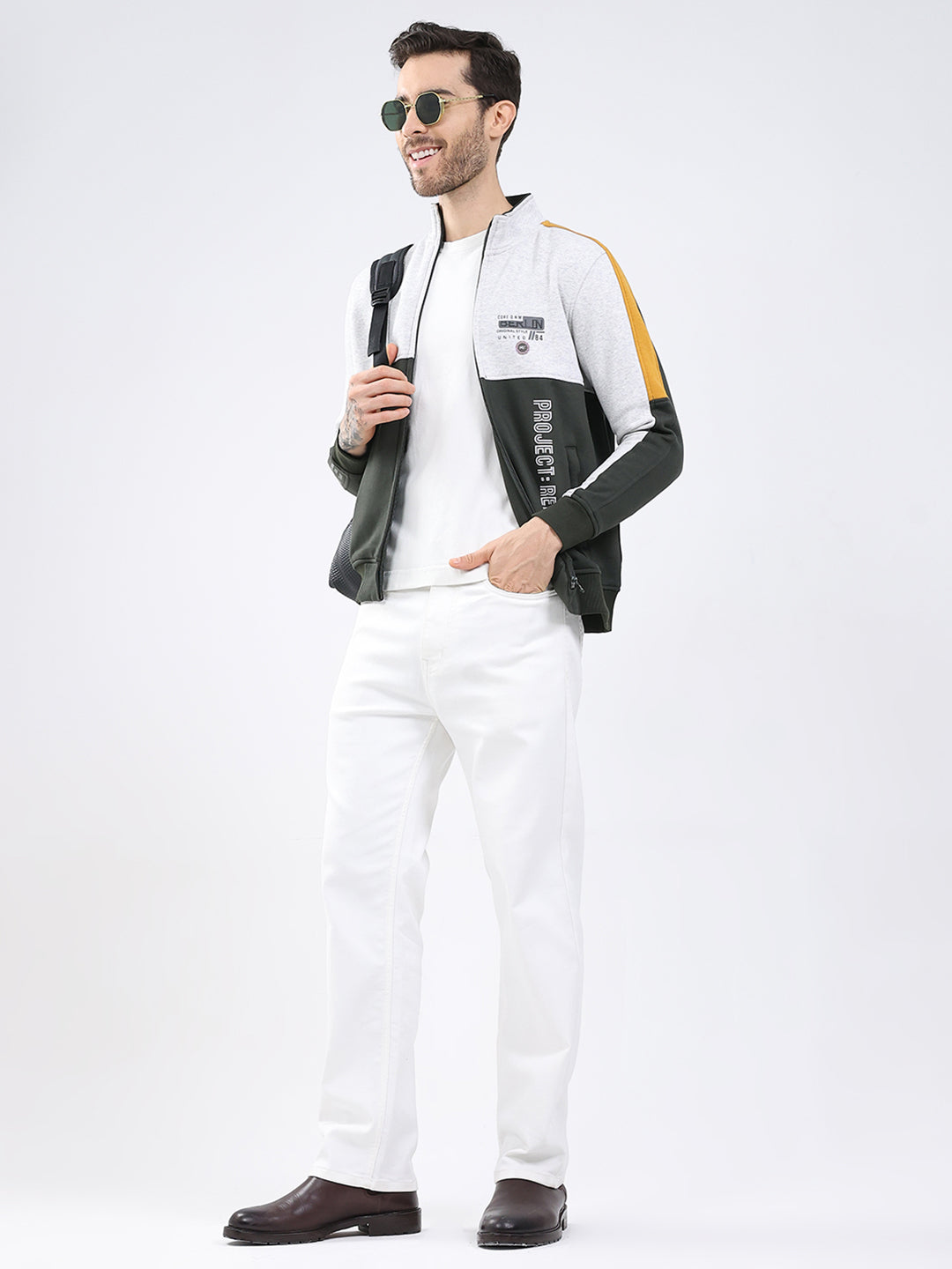 Men Olive Printed Mock Neck Full Sleeve Sweatshirt