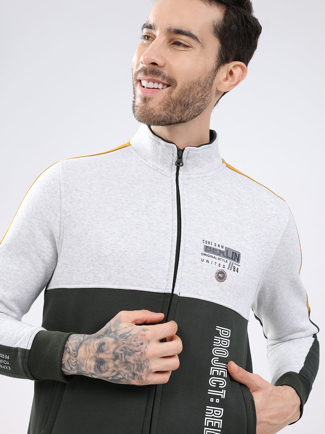 Men Olive Printed Mock Neck Full Sleeve Sweatshirt