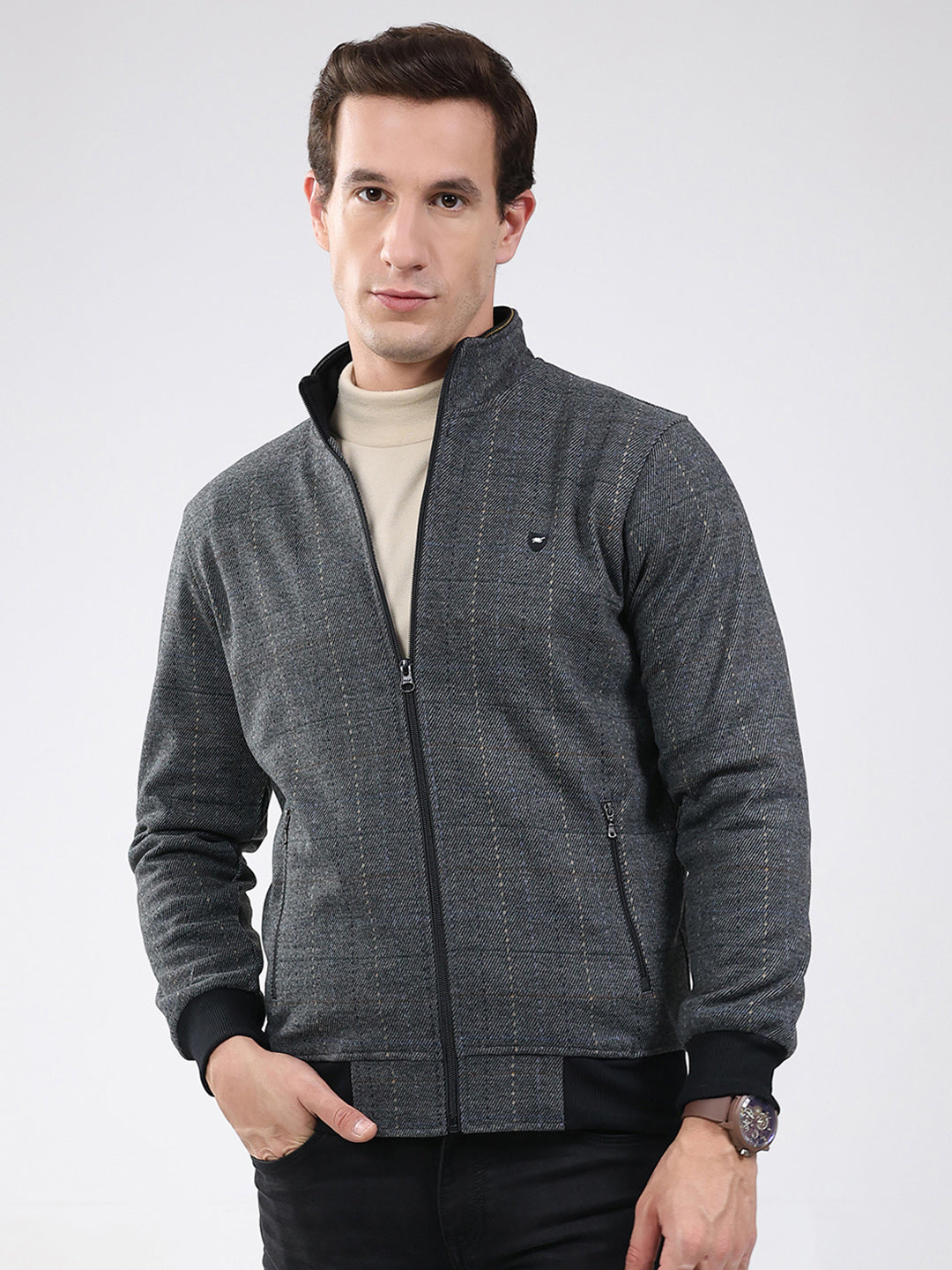 Men Black Solid Band Neck Full Sleeve Sweatshirt