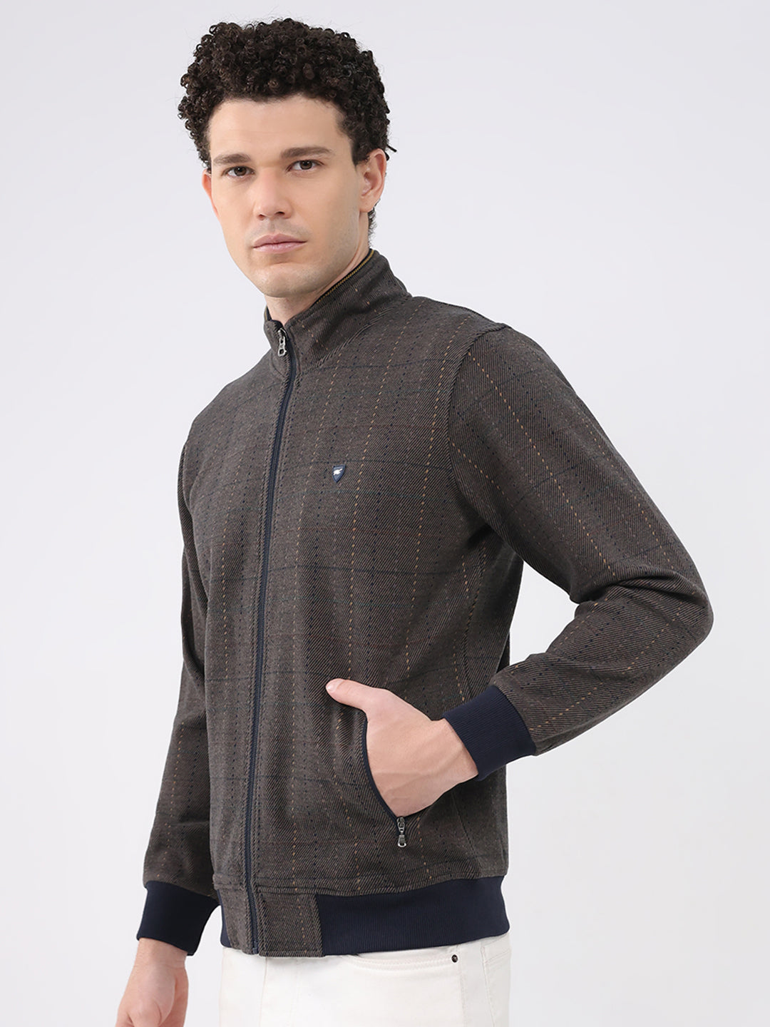 Men Navy Blue Self Design Collar Full Sleeve Sweatshirt