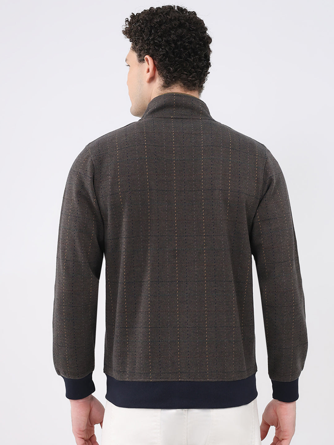 Men Navy Blue Self Design Collar Full Sleeve Sweatshirt