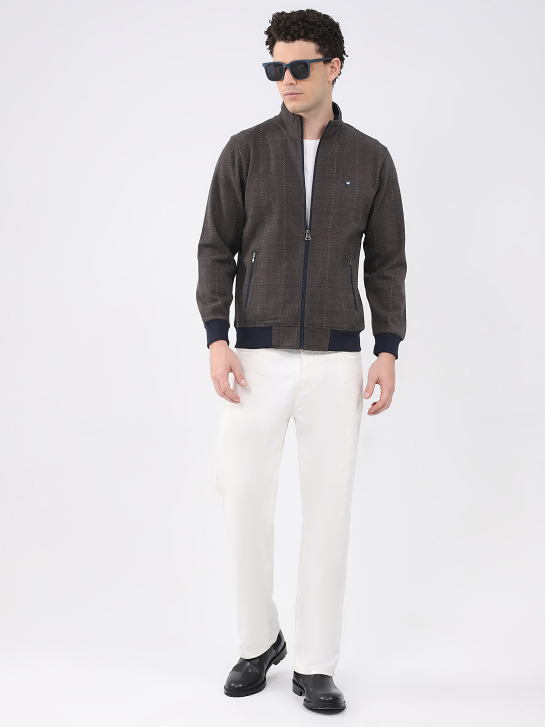 Men Navy Blue Self Design Collar Full Sleeve Sweatshirt