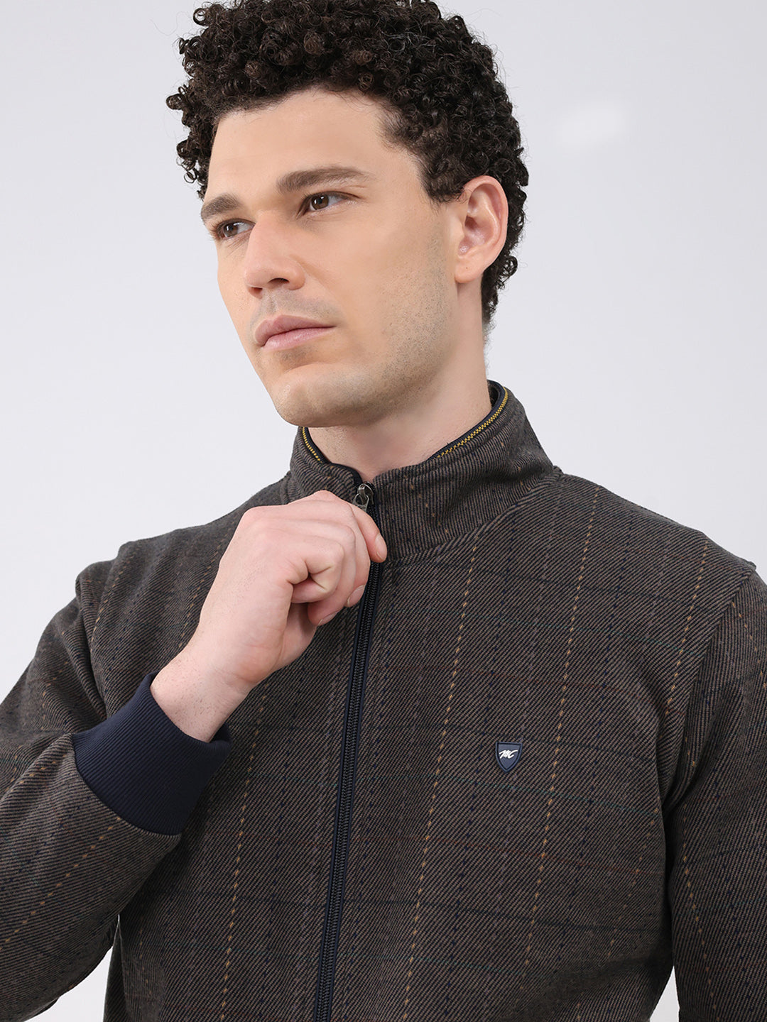 Men Navy Blue Self Design Collar Full Sleeve Sweatshirt