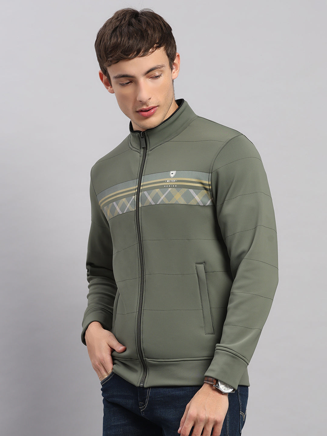 Men Green Self Design Collar Full Sleeve Sweatshirt