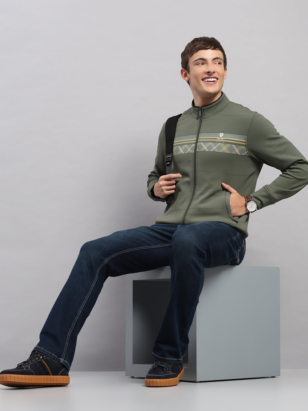 Men Green Self Design Collar Full Sleeve Sweatshirt