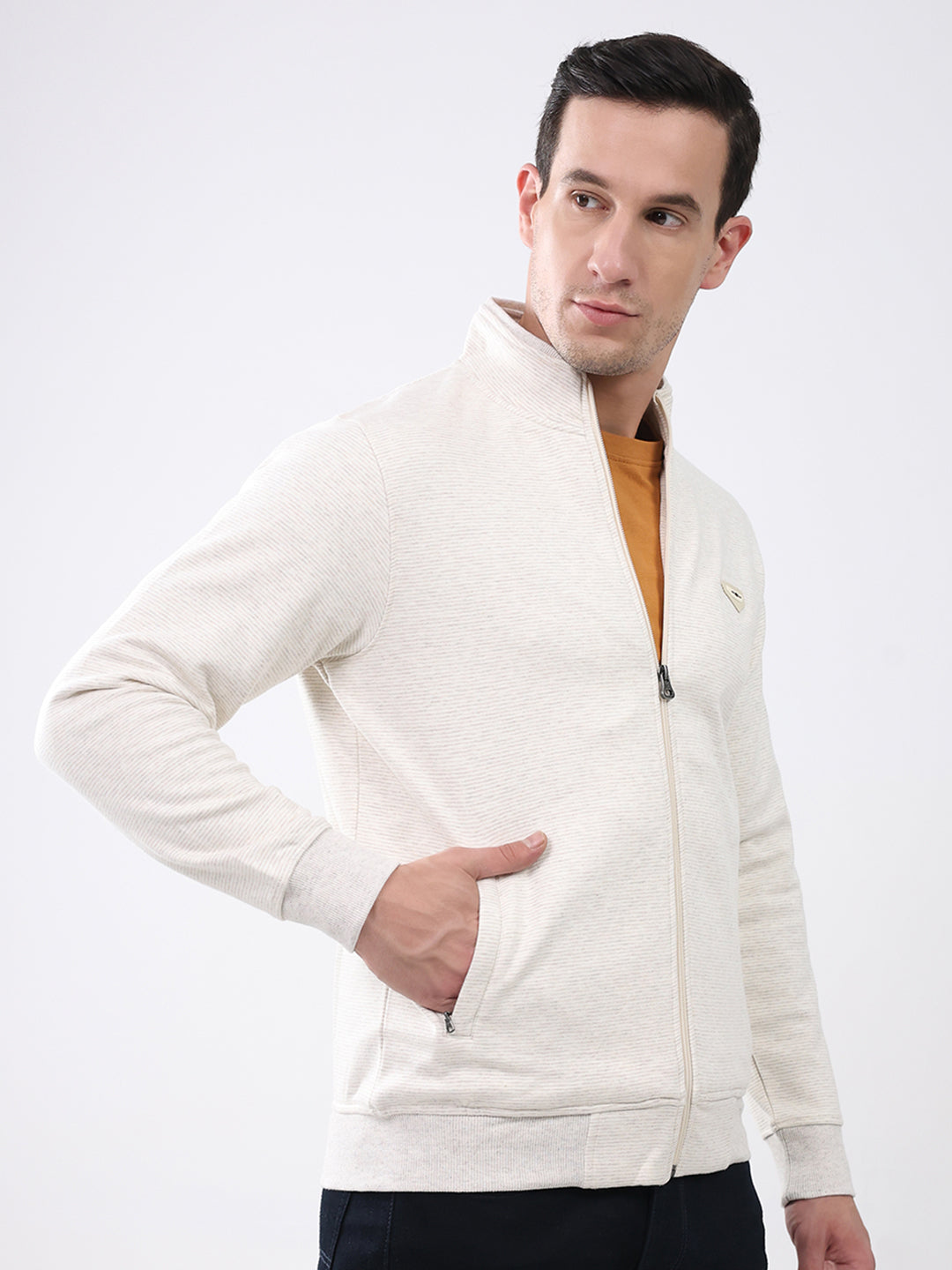 Men Off White Solid Mock Neck Full Sleeve Sweatshirt