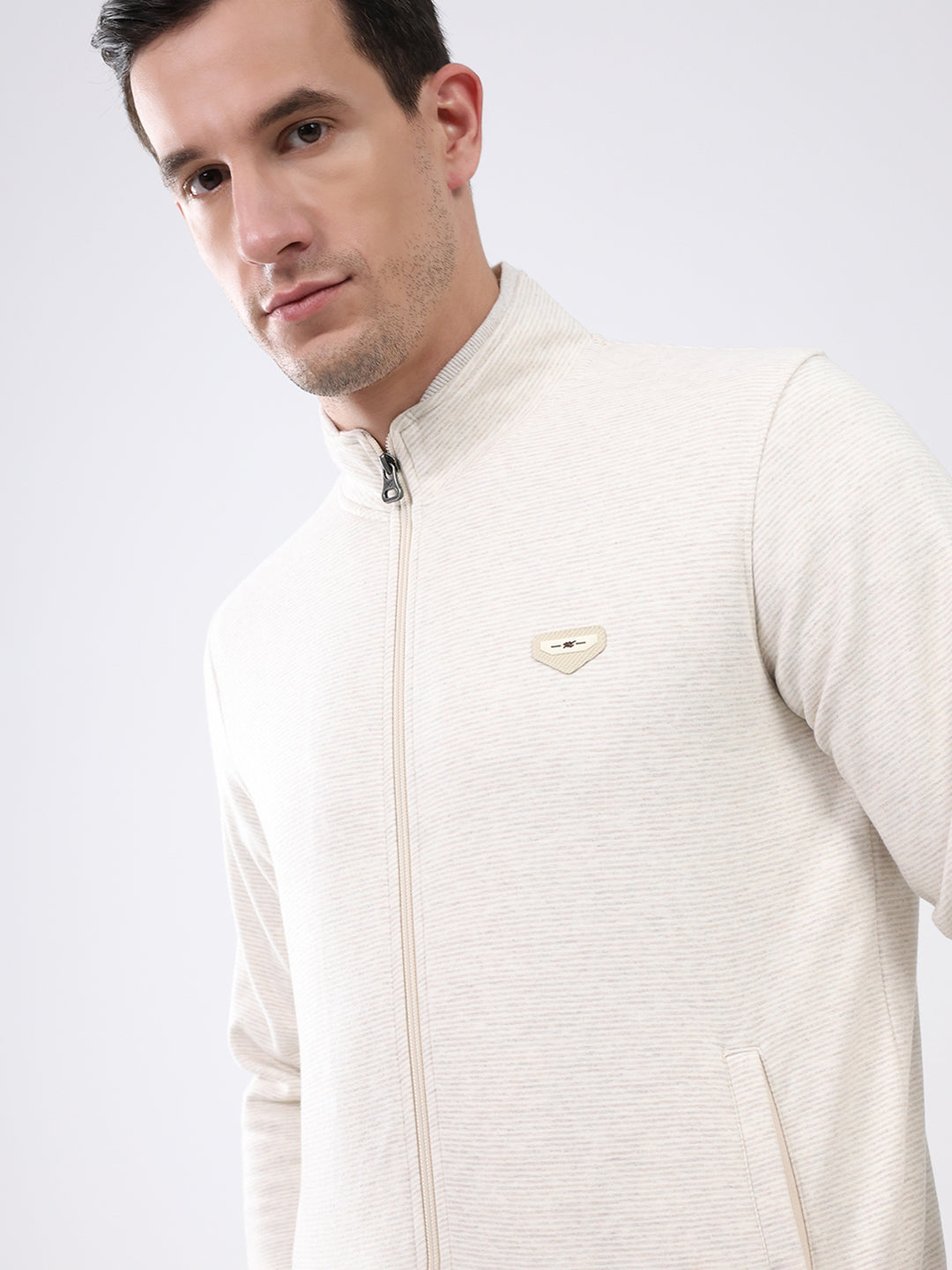 Men Off White Solid Mock Neck Full Sleeve Sweatshirt