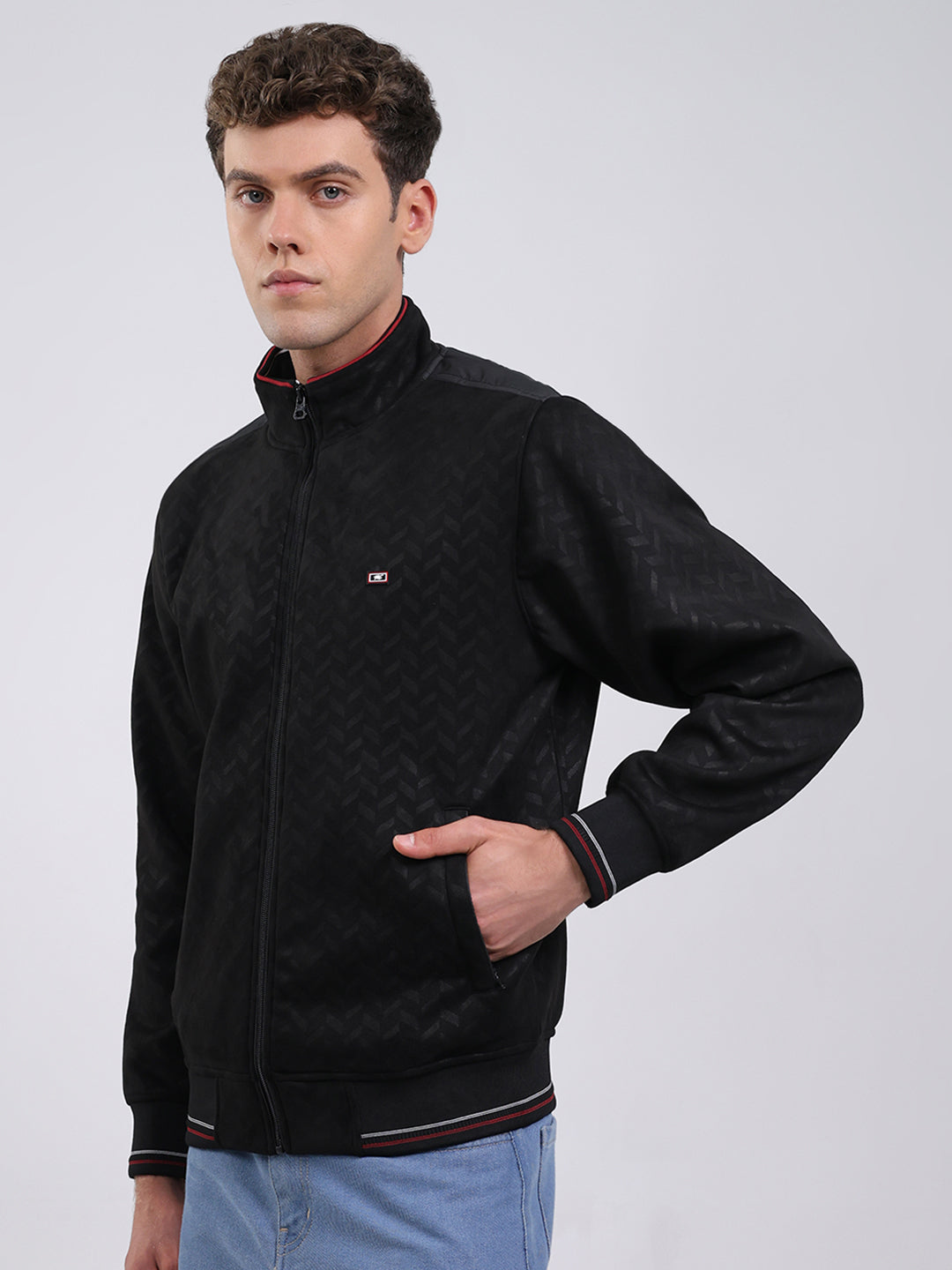 Men Black Self Design Full Sleeve Sweatshirt with Jacket Vibe